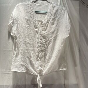 Unbranded White Sleeveless Pullover V Neck Lace Trim Front Bottom Tie
